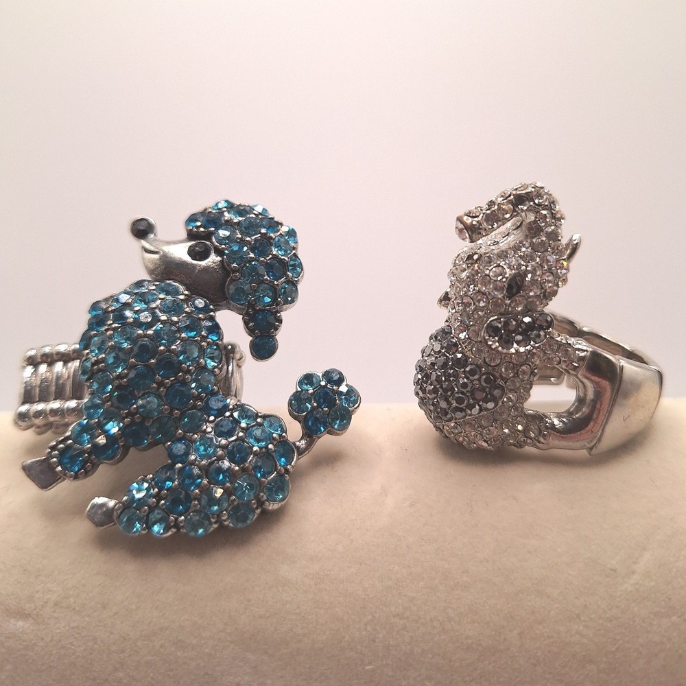 Vintage poodle elephant rings blue clear back rhinestones expandable size